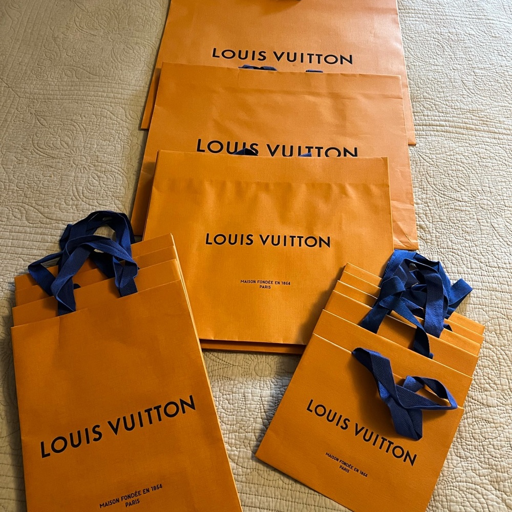 Louis Vuitton Bold Orange Paper Shopping Bags with Blue Handles